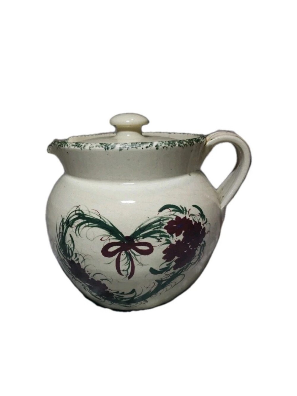 Casey Pottery Marshall Texas Lidded Crock Heart Wreath Handle Spout Cottagecore